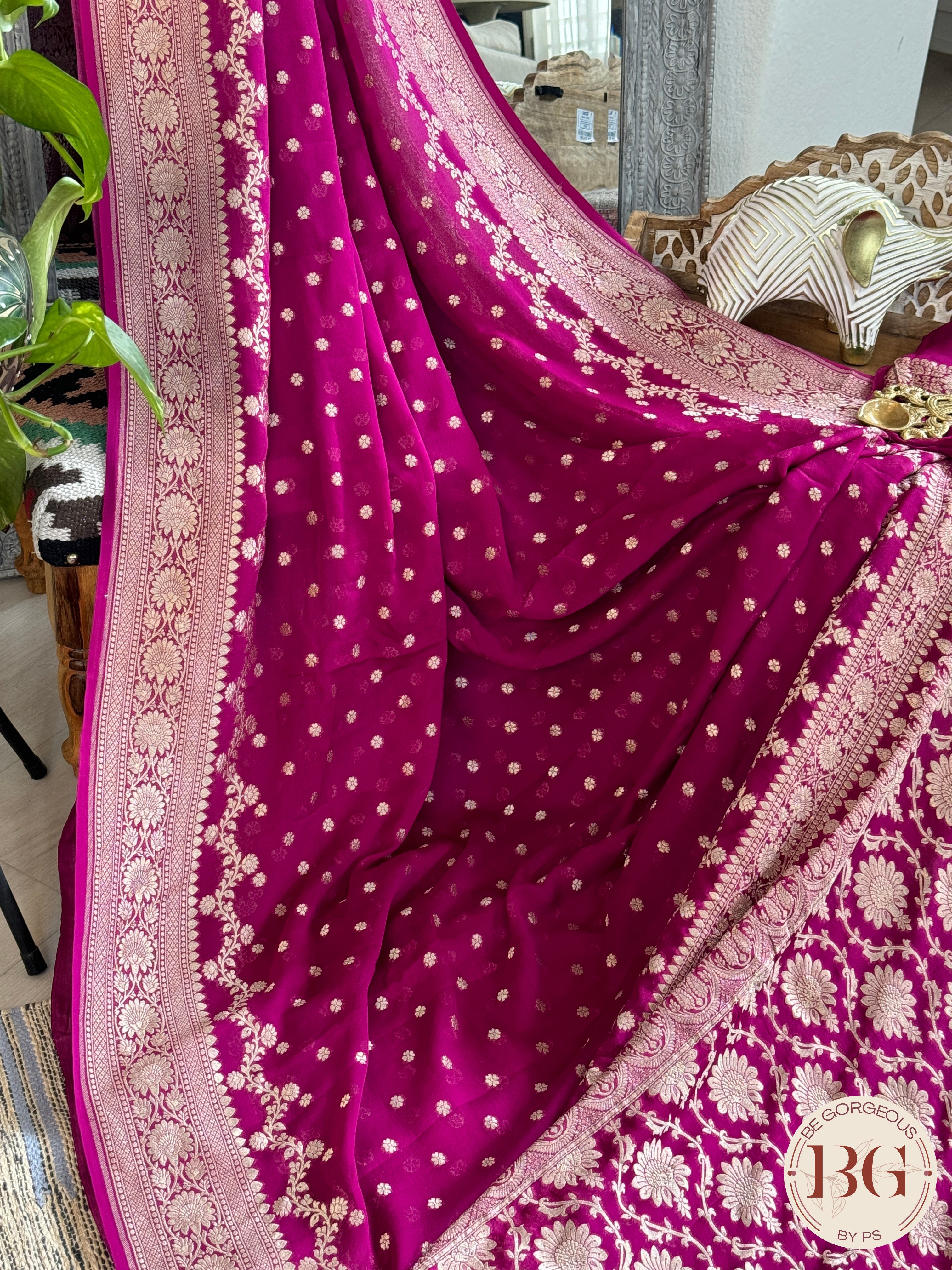 Banarasi Khaddi georgette saree - Rani Pink