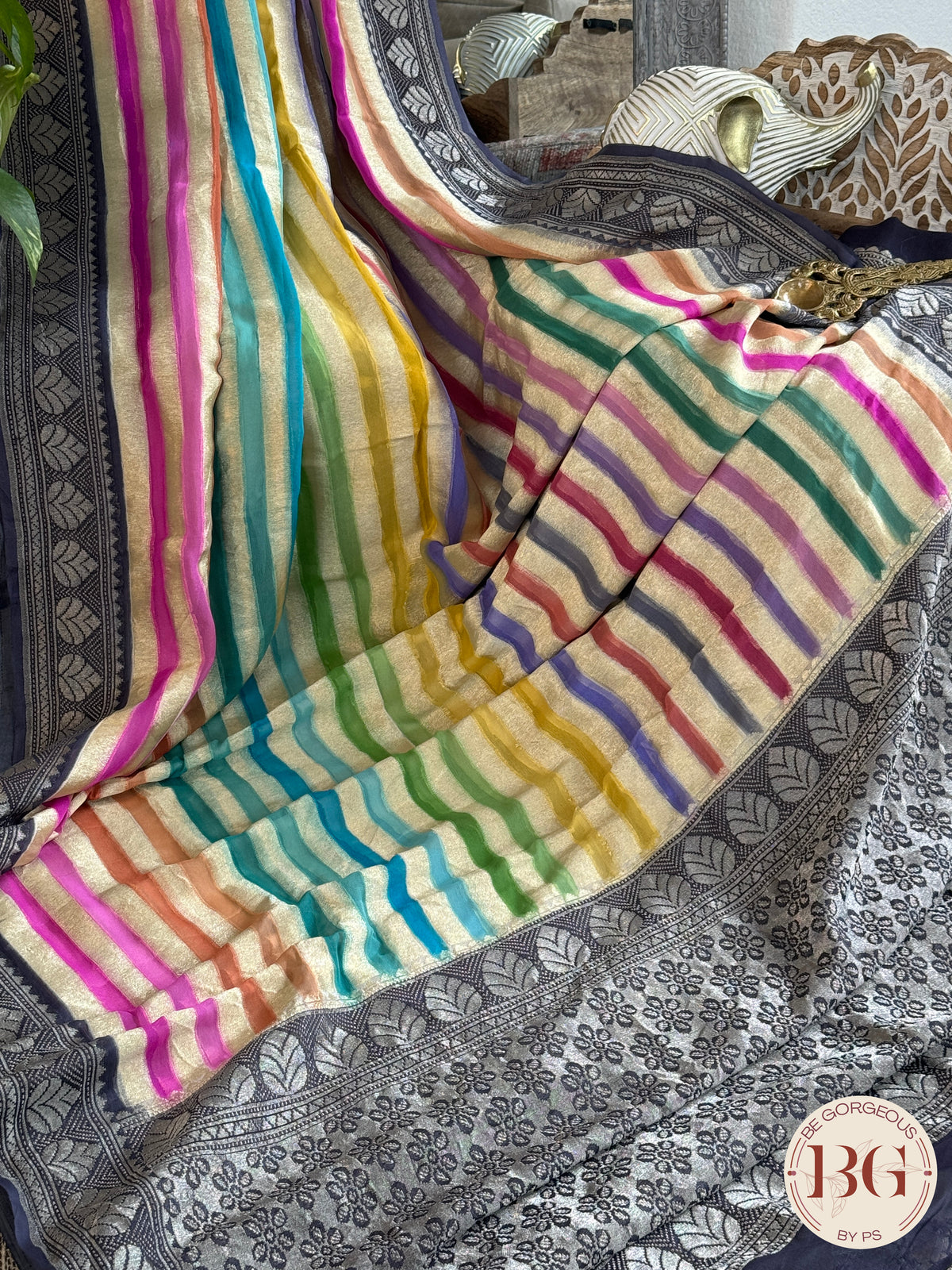 Banarasi Khaddi georgette with all over hand brush - multicolor stripes