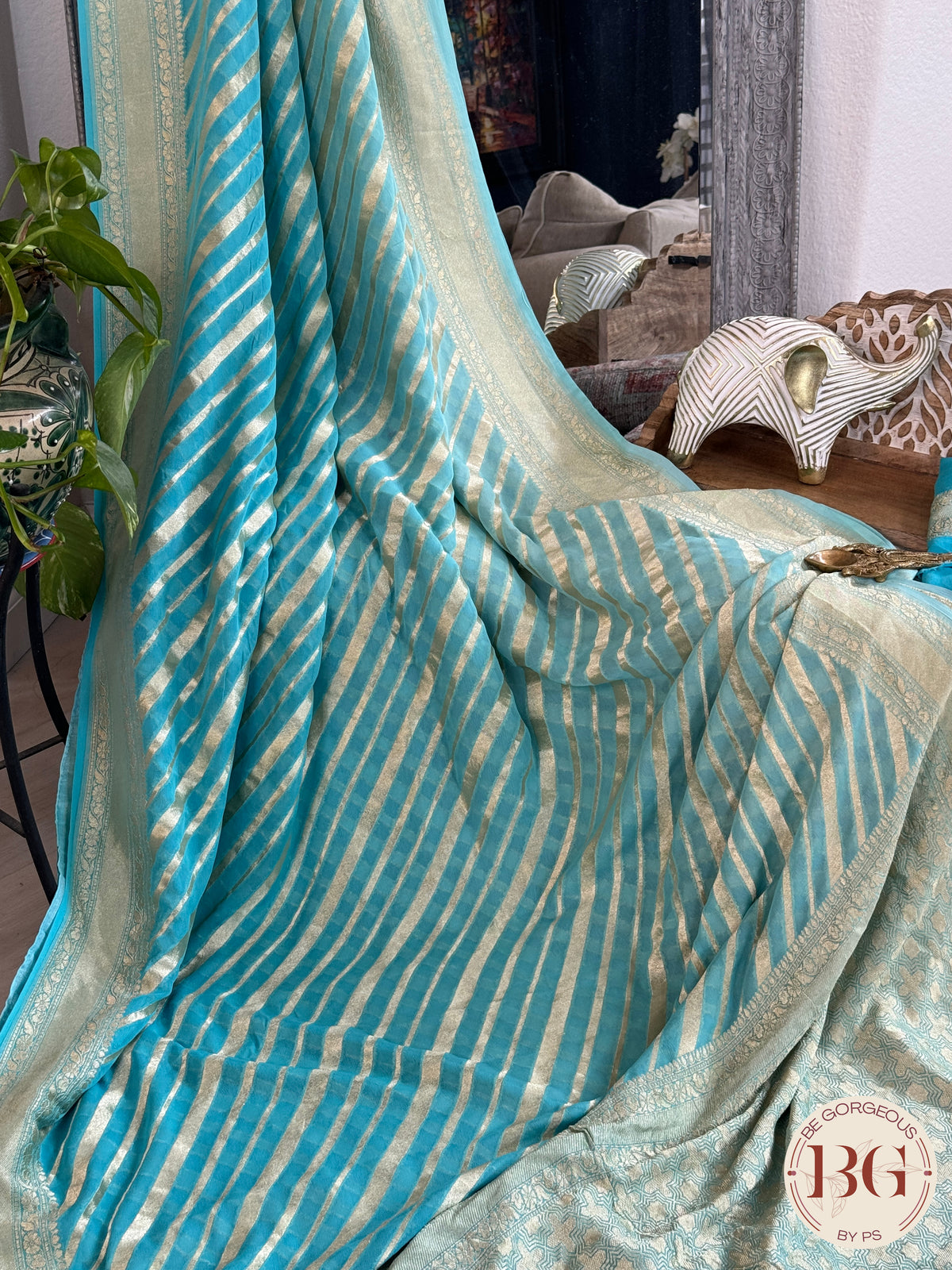 Banarasi Khaddi georgette saree - Blue Stripes