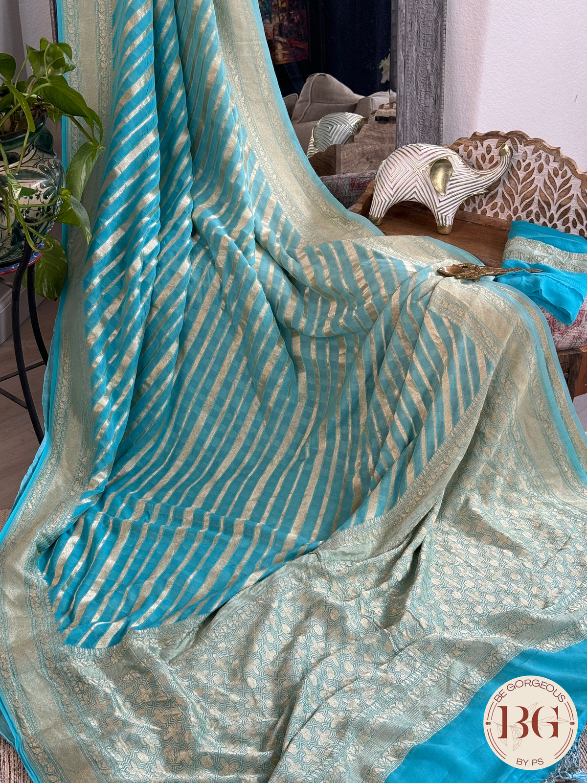 Banarasi Khaddi georgette saree - Blue Stripes