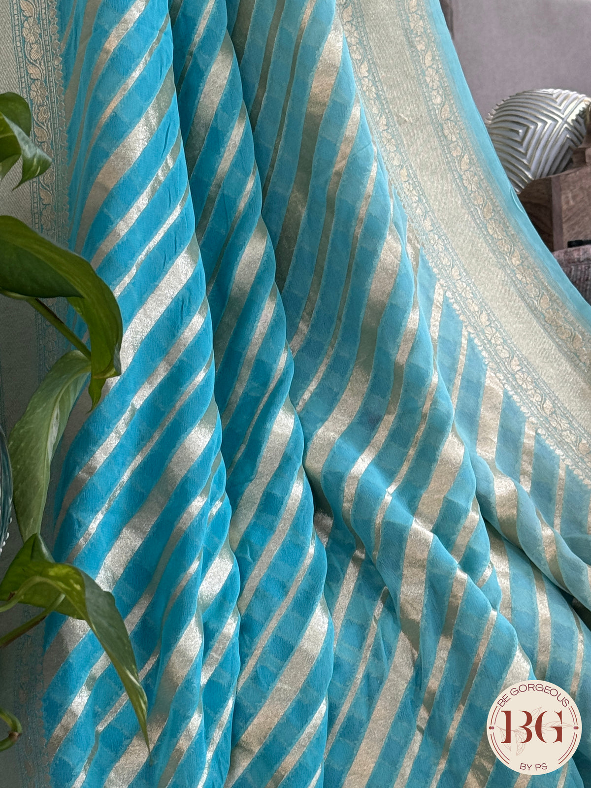 Banarasi Khaddi georgette saree - Blue Stripes