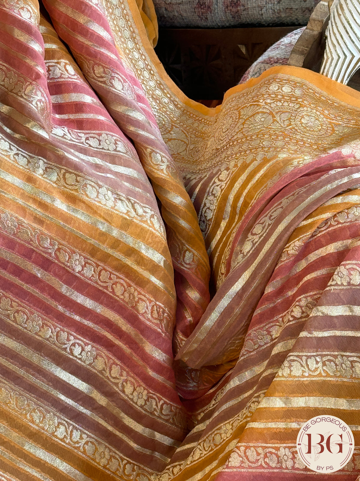 Banarasi Khaddi georgette with all over hand brush - pink yellow stripes