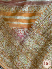 Banarasi Khaddi georgette with all over hand brush - pink yellow stripes