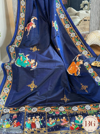 Pattachitra Ram Darbar hand painted saree on pure bangalore silk - blue color