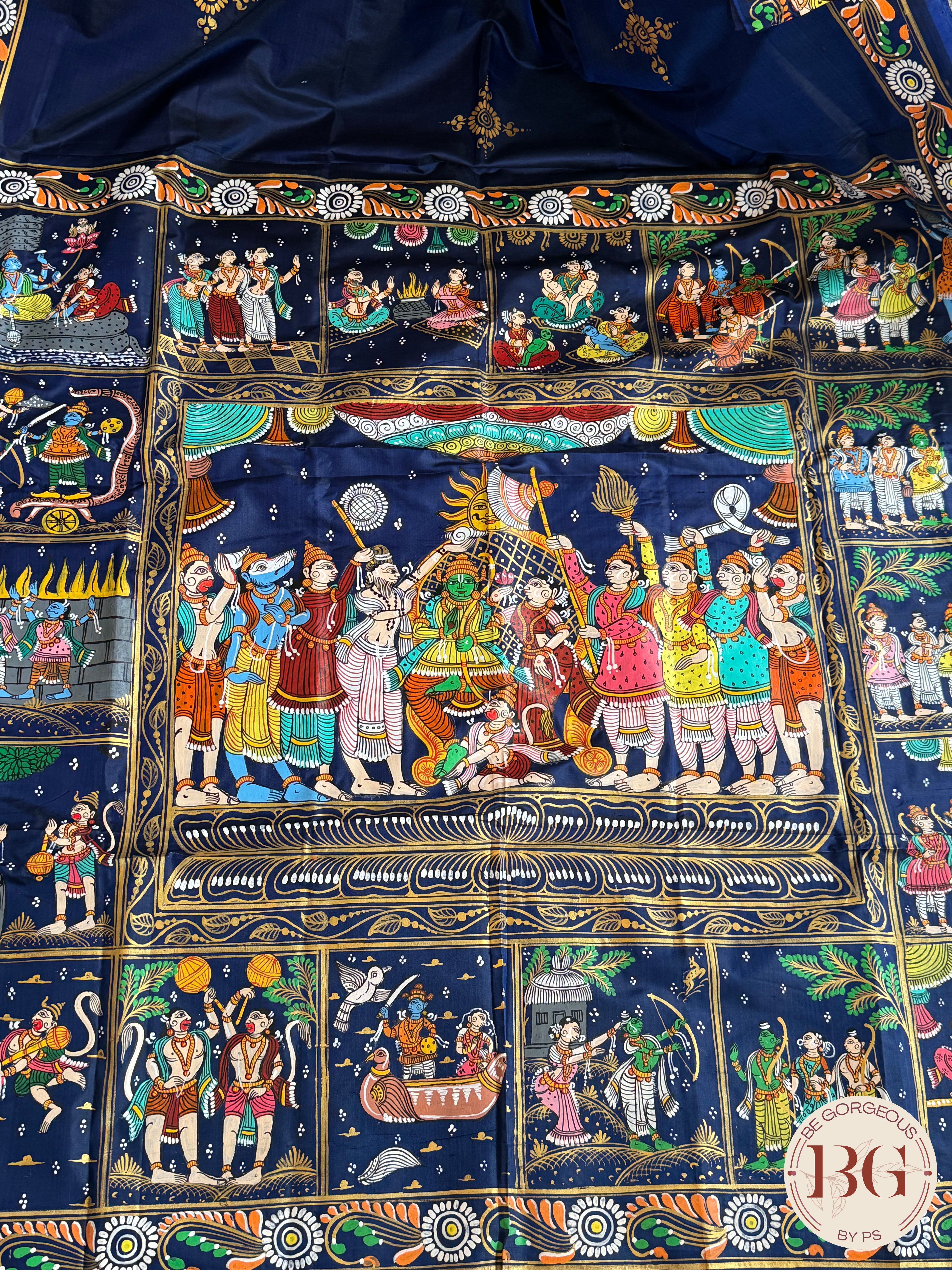 Pattachitra Ram Darbar hand painted saree on pure bangalore silk - blue color