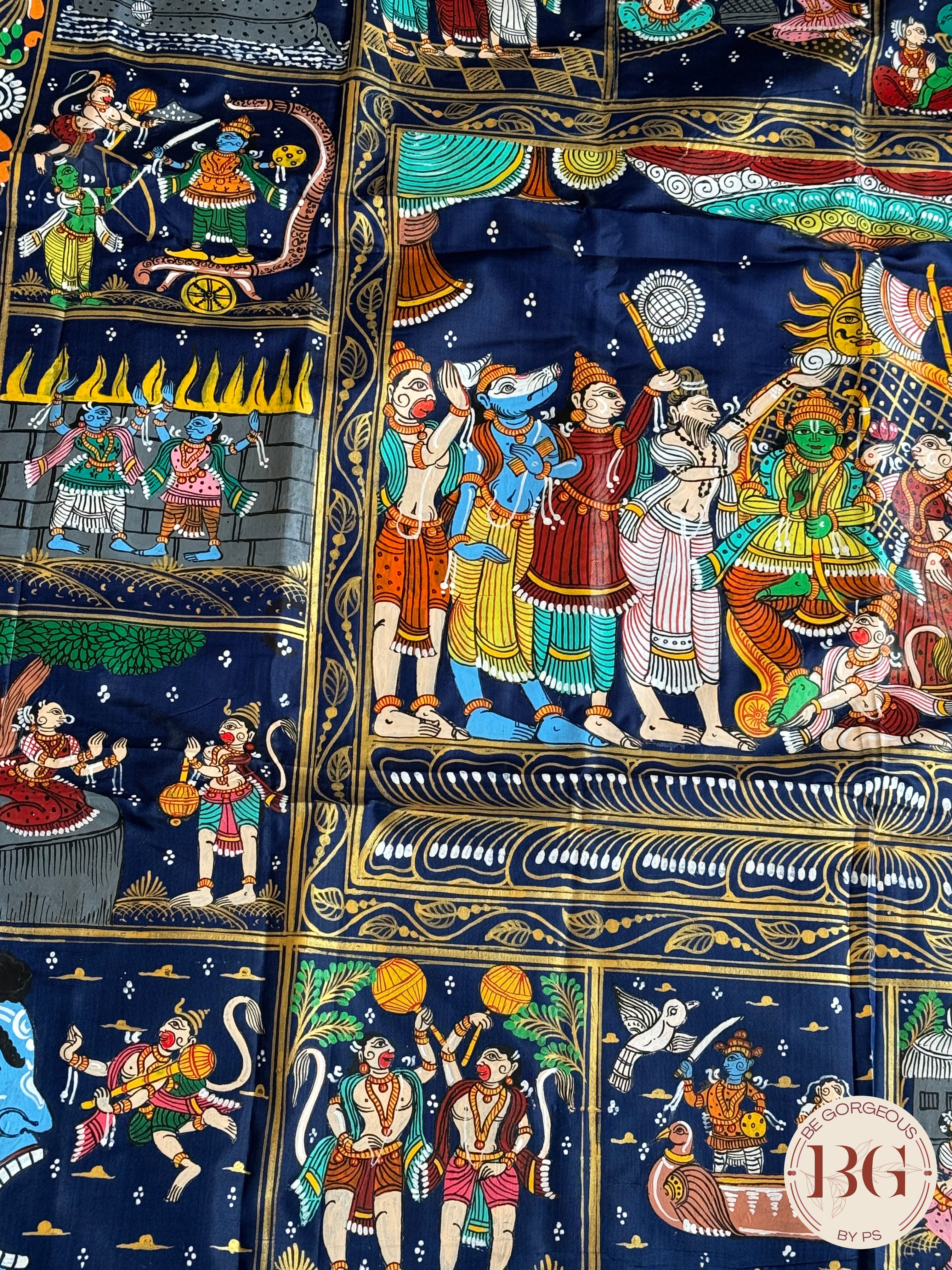 Pattachitra Ram Darbar hand painted saree on pure bangalore silk - blue color