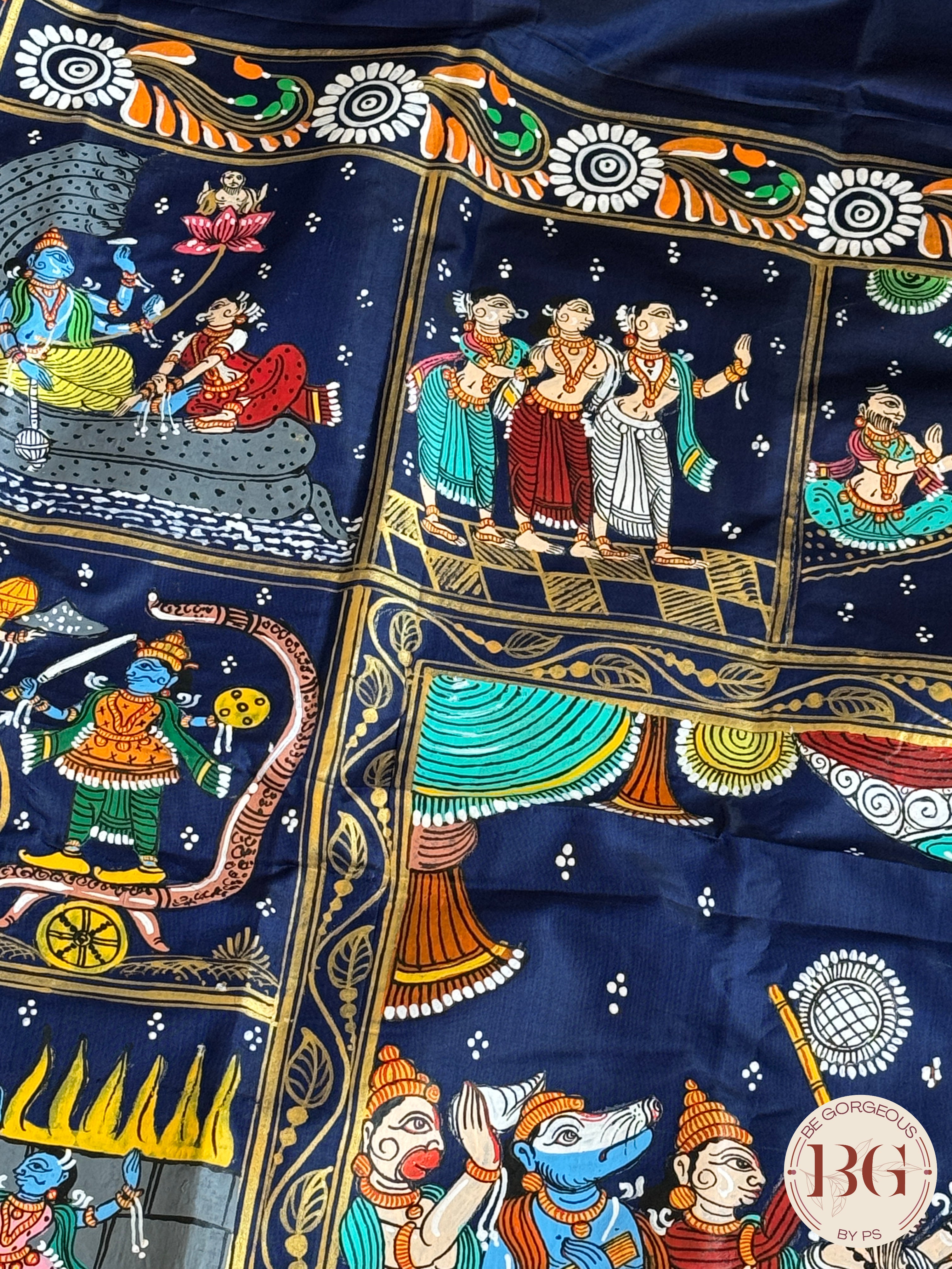 Pattachitra Ram Darbar hand painted saree on pure bangalore silk - blue color