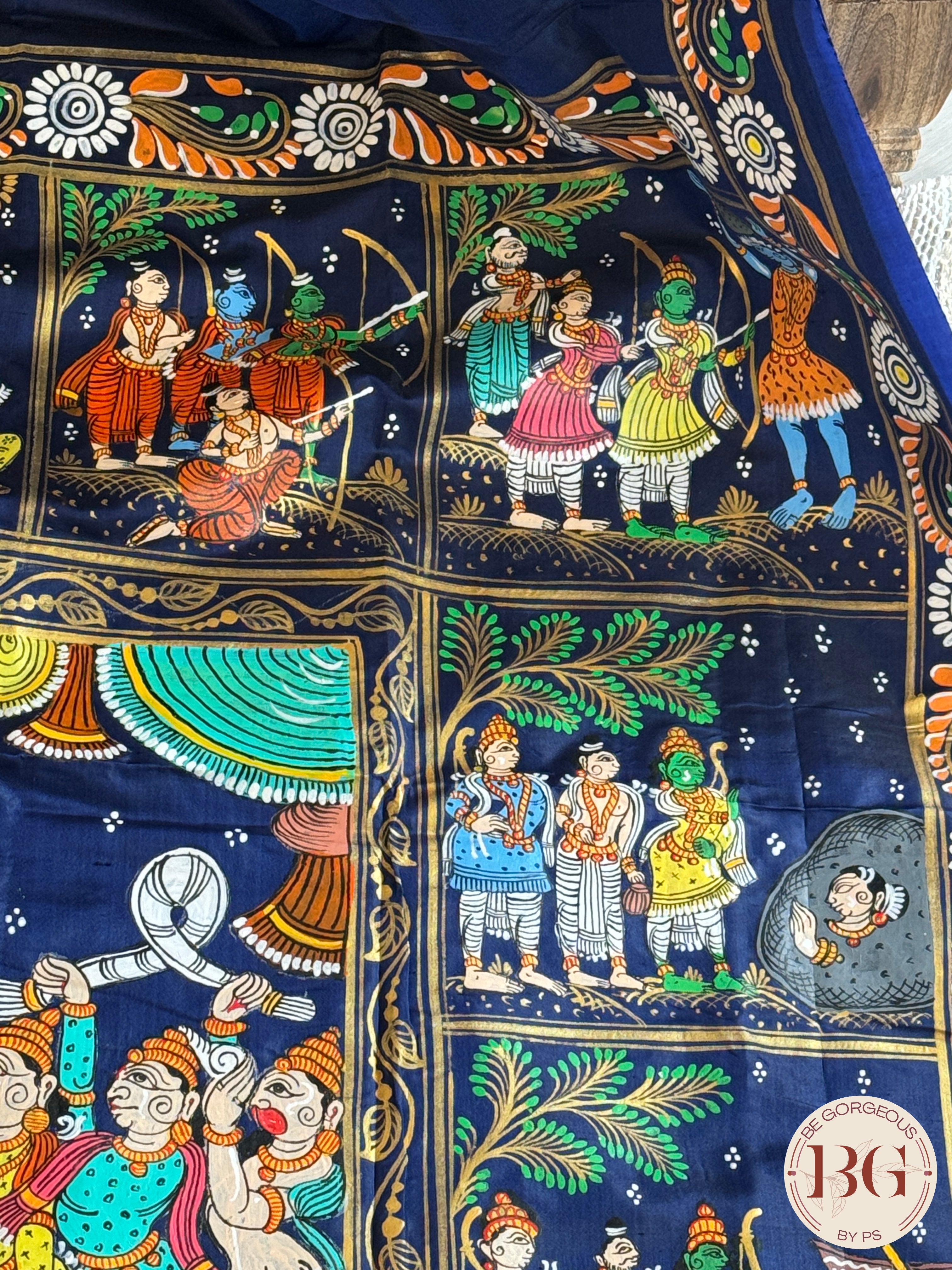 Pattachitra Ram Darbar hand painted saree on pure bangalore silk - blue color