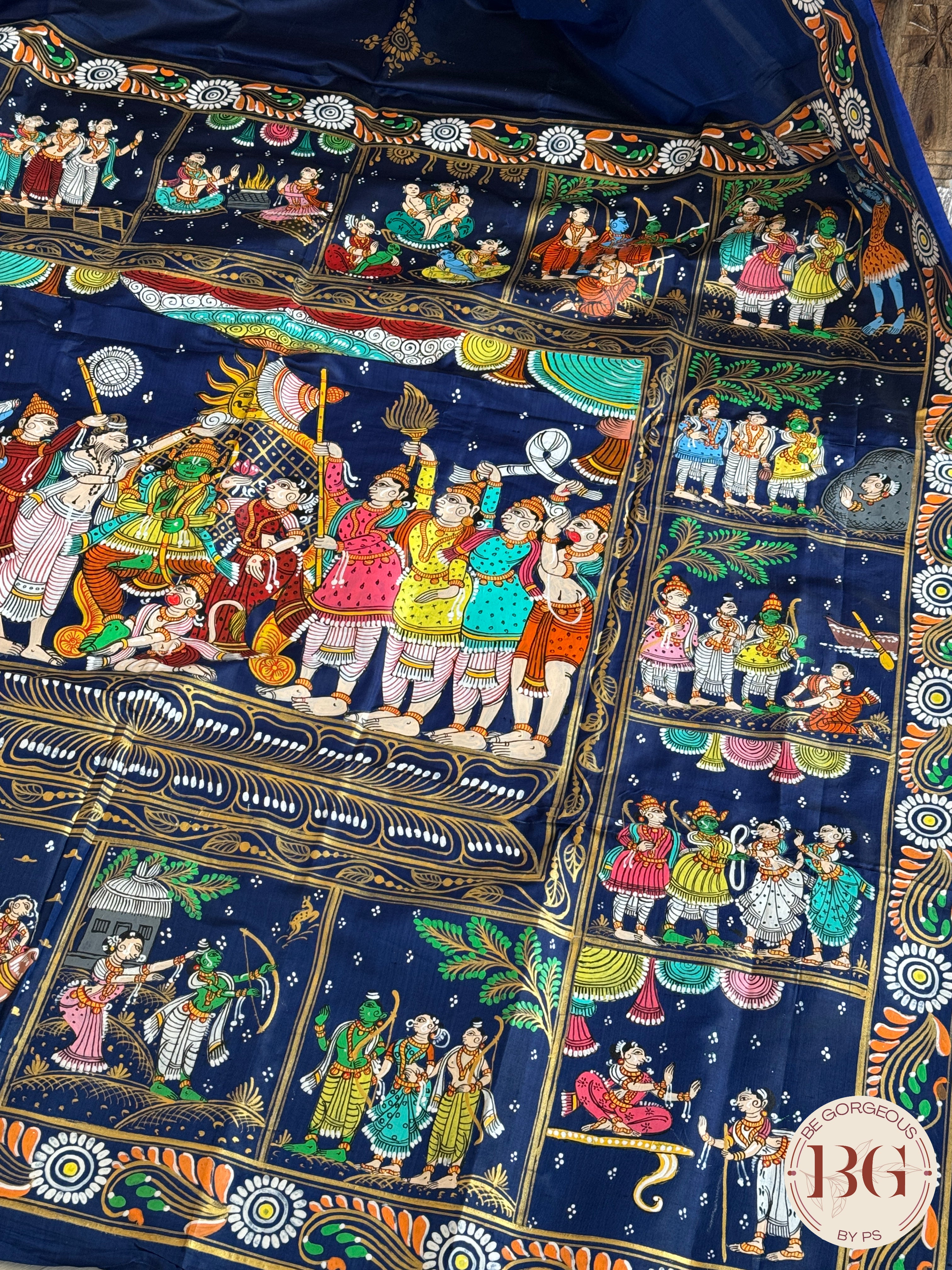 Pattachitra Ram Darbar hand painted saree on pure bangalore silk - blue color