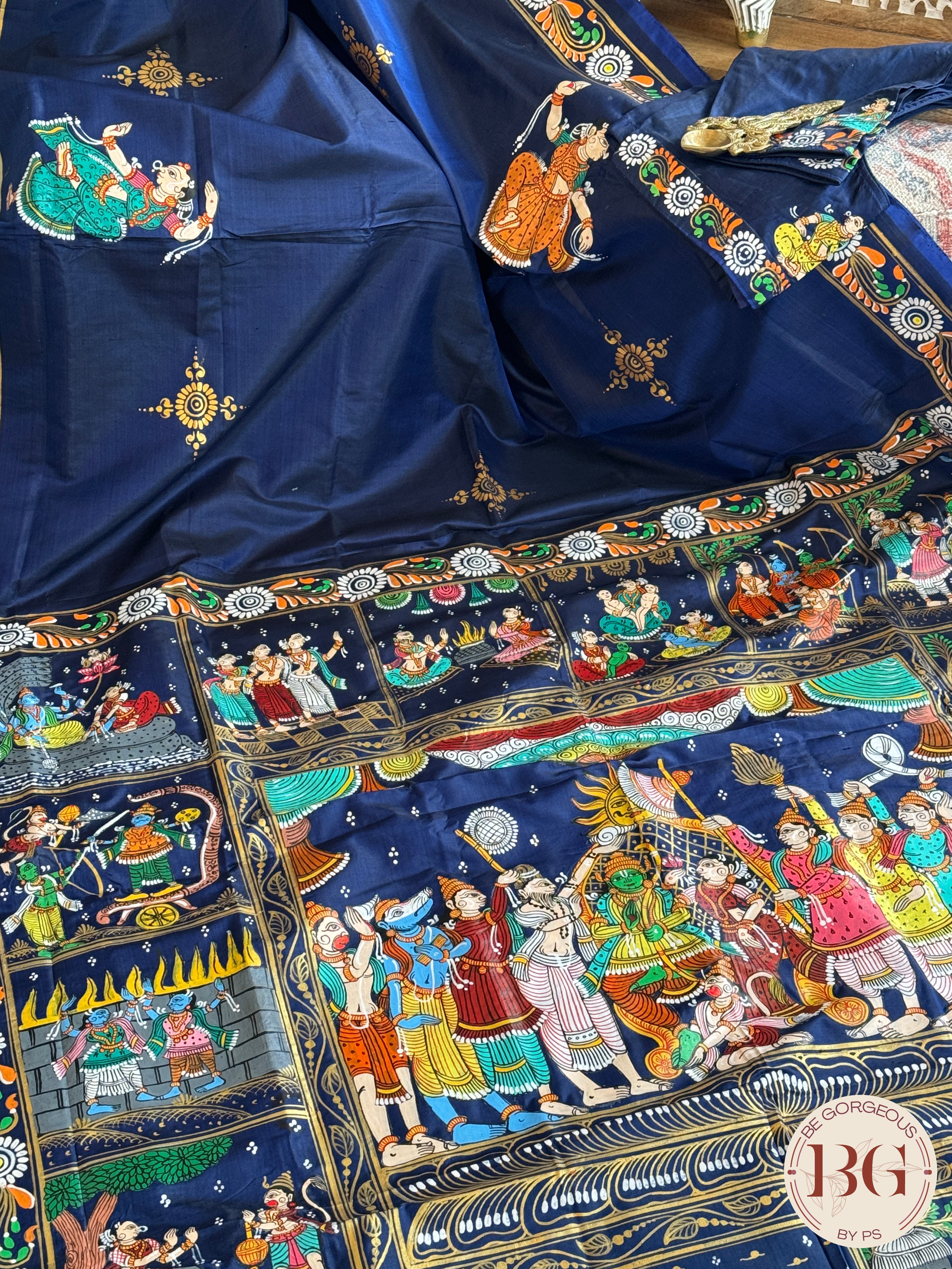 Pattachitra Ram Darbar hand painted saree on pure bangalore silk - blue color