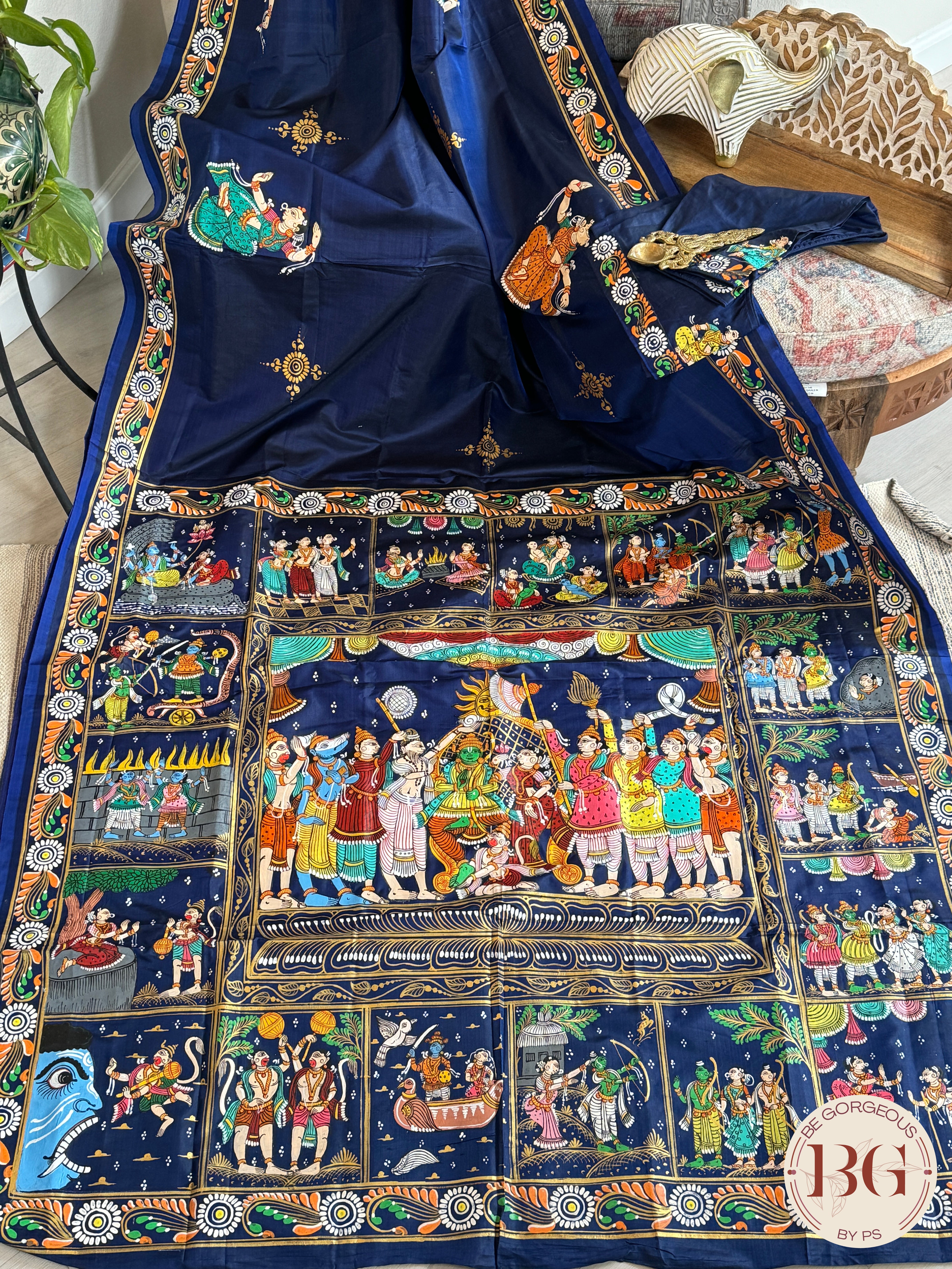 Pattachitra Ram Darbar hand painted saree on pure bangalore silk - blue color