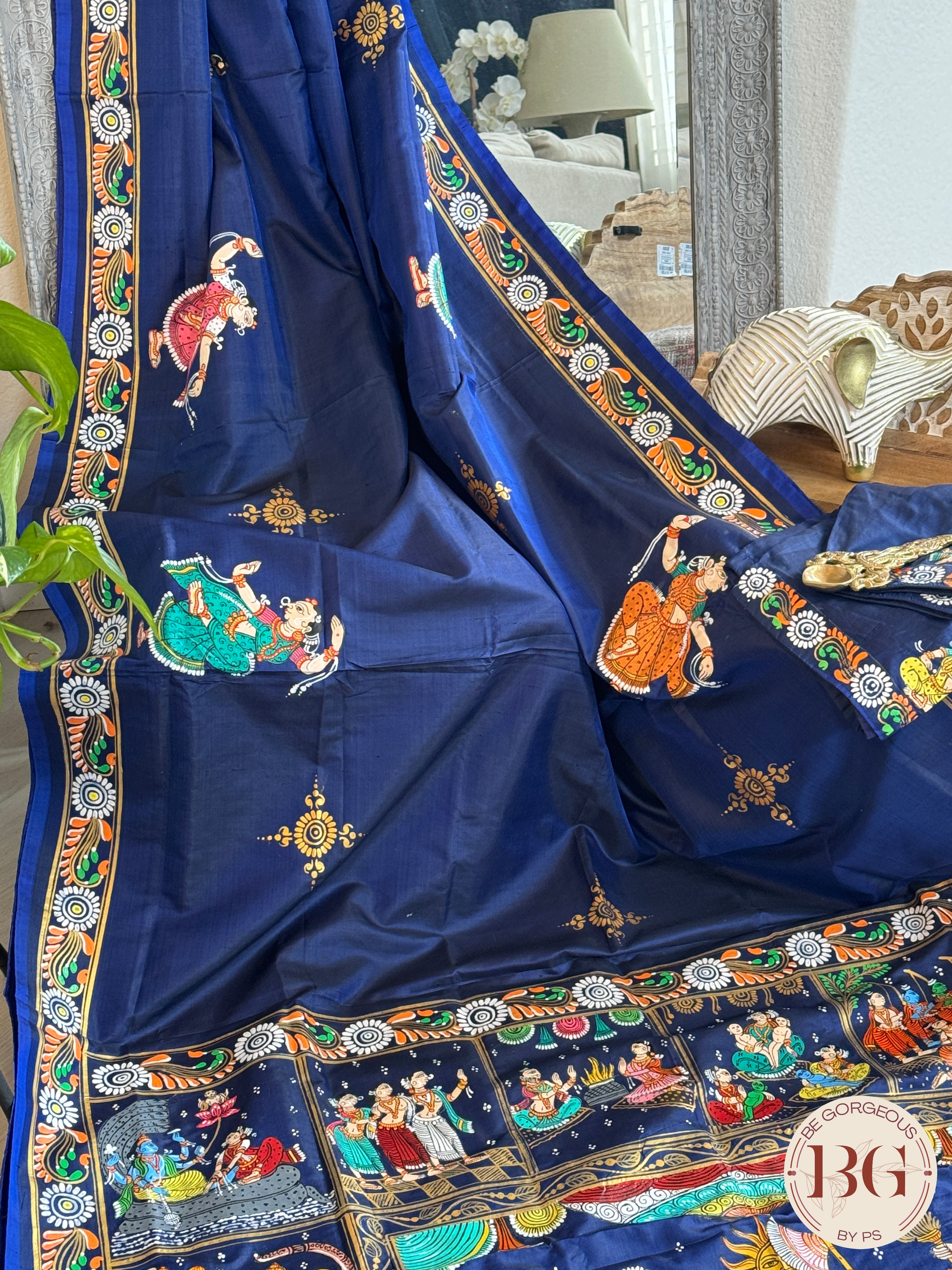 Pattachitra Ram Darbar hand painted saree on pure bangalore silk - blue color