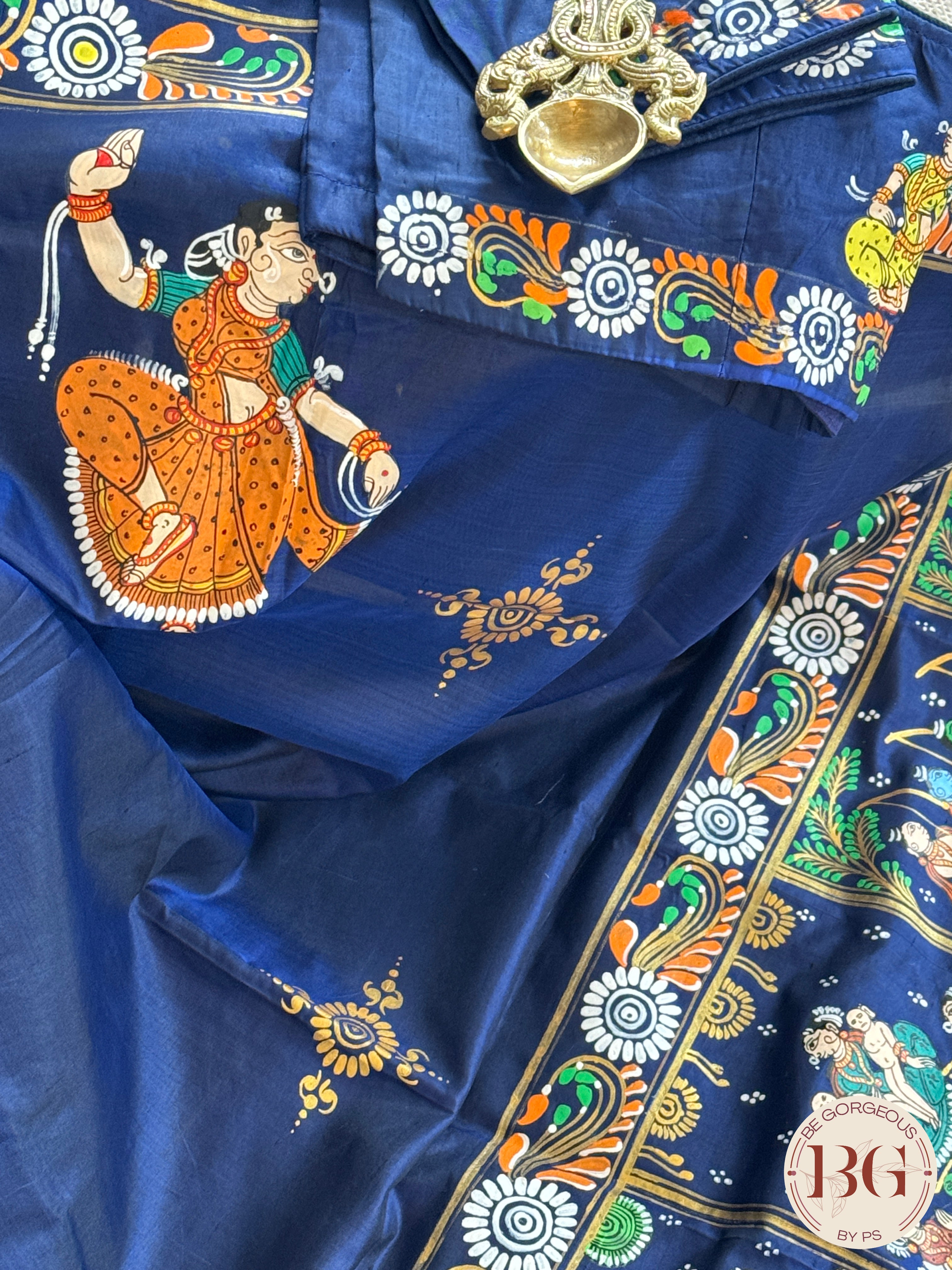 Pattachitra Ram Darbar hand painted saree on pure bangalore silk - blue color