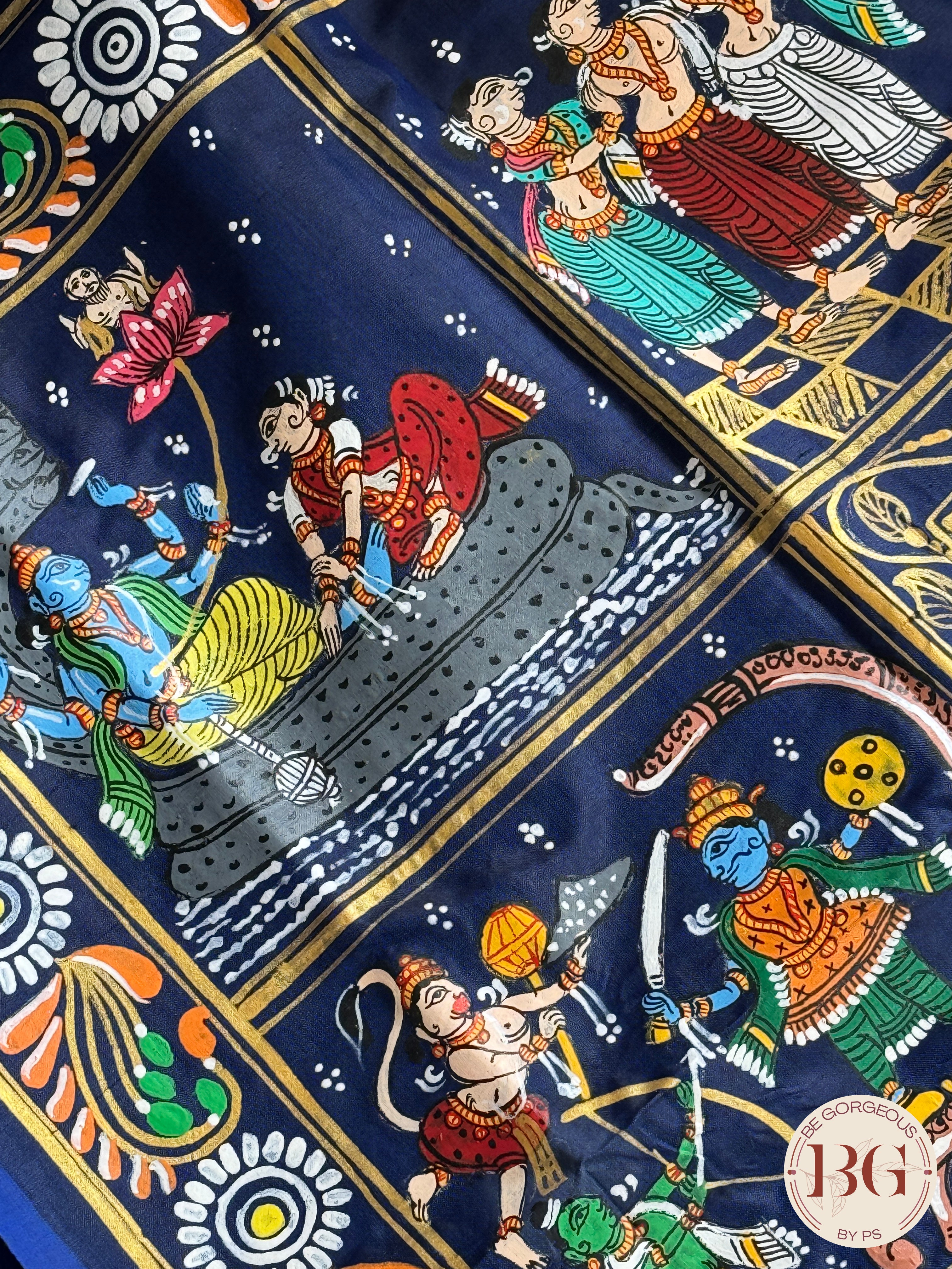 Pattachitra Ram Darbar hand painted saree on pure bangalore silk - blue color