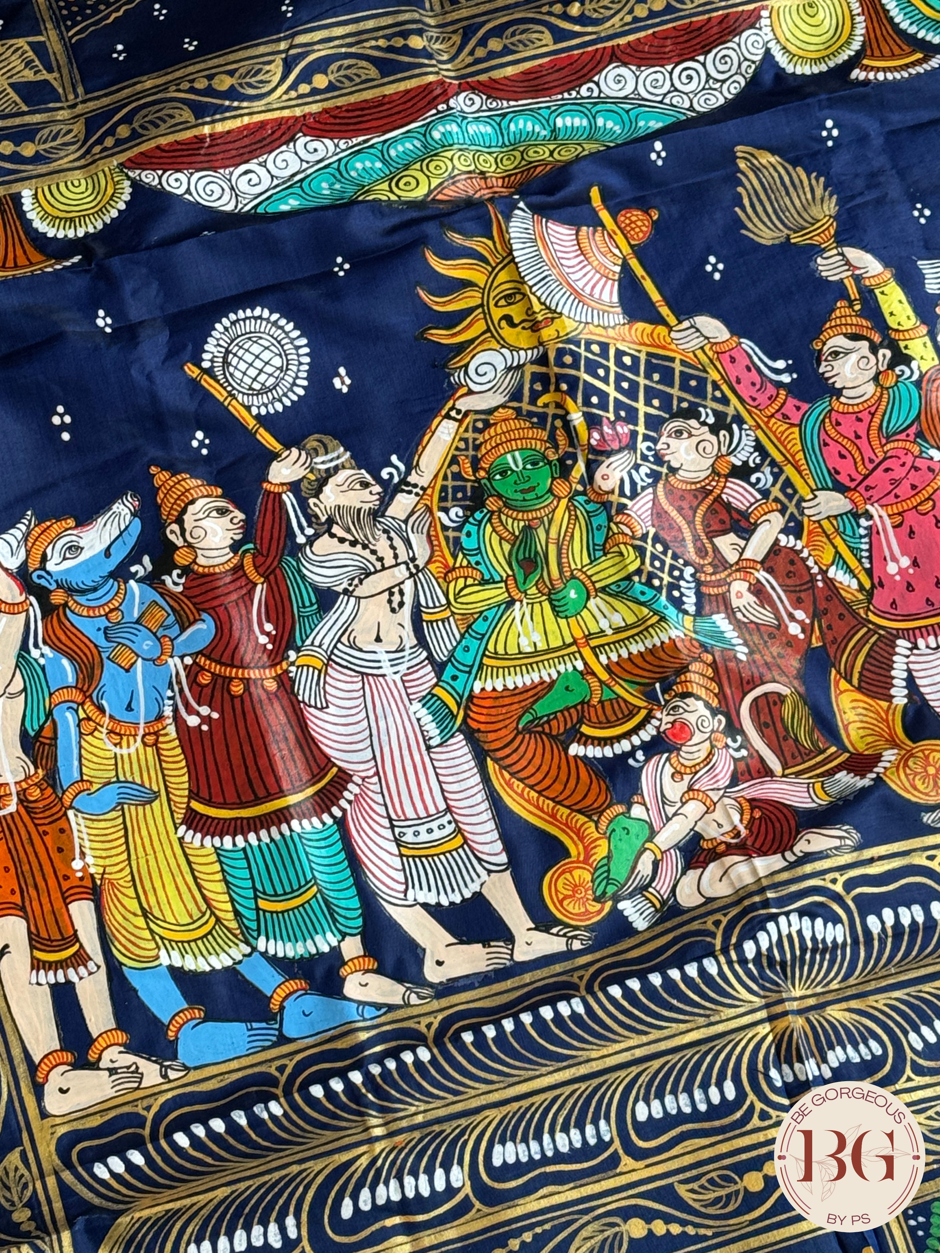 Pattachitra Ram Darbar hand painted saree on pure bangalore silk - blue color