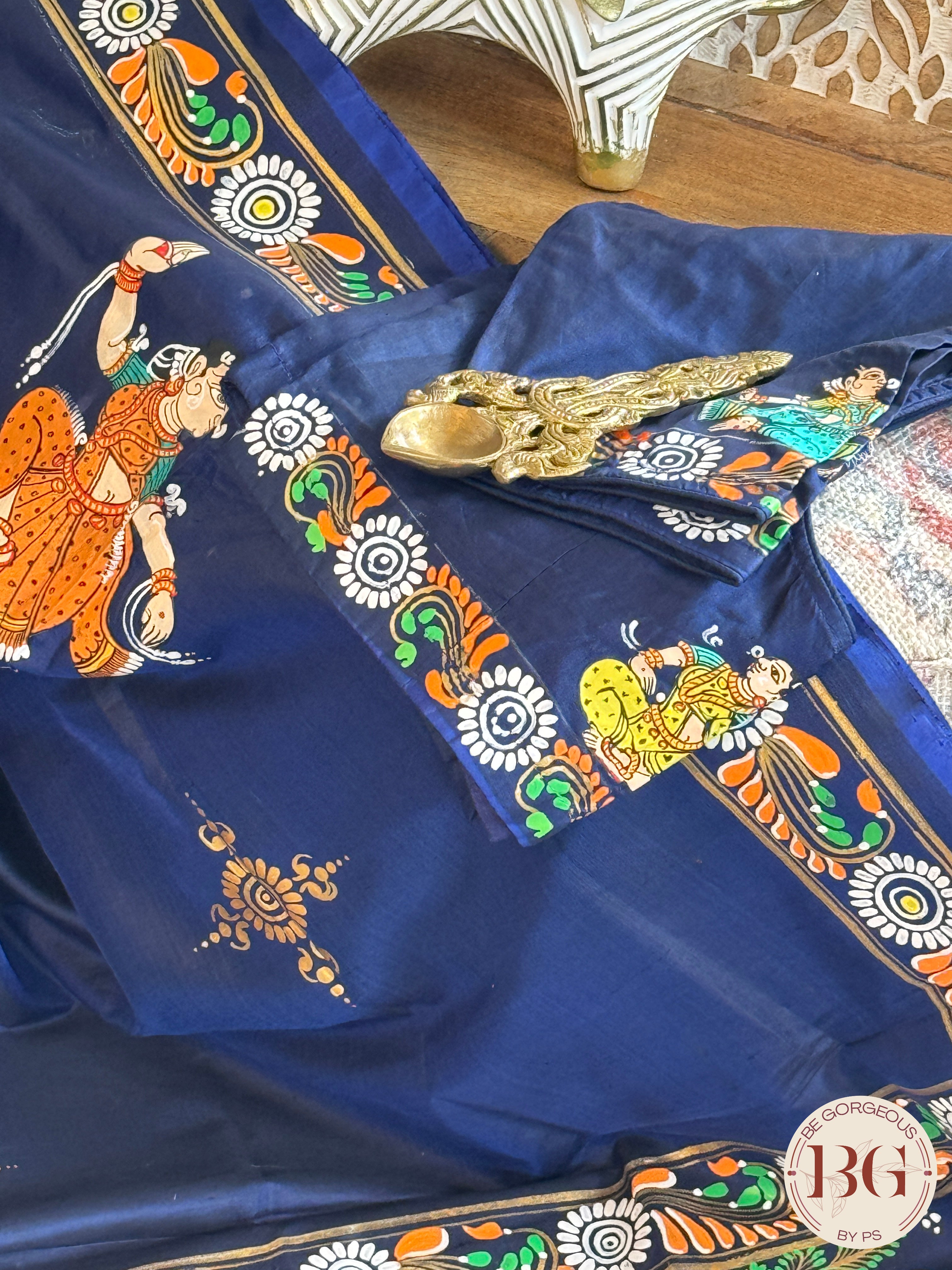 Pattachitra Ram Darbar hand painted saree on pure bangalore silk - blue color