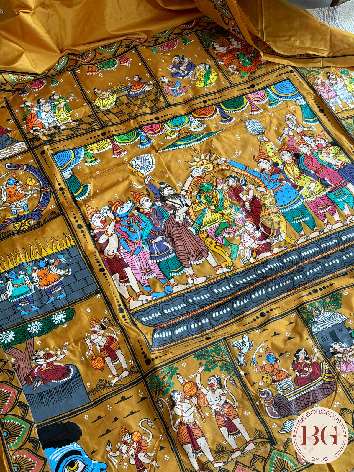 Pattachitra Ram Darbar hand painted saree on pure bangalore silk - mustard color