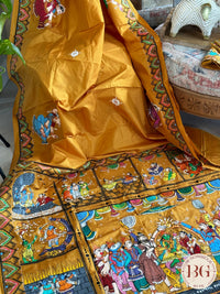 Pattachitra Ram Darbar hand painted saree on pure bangalore silk - mustard color
