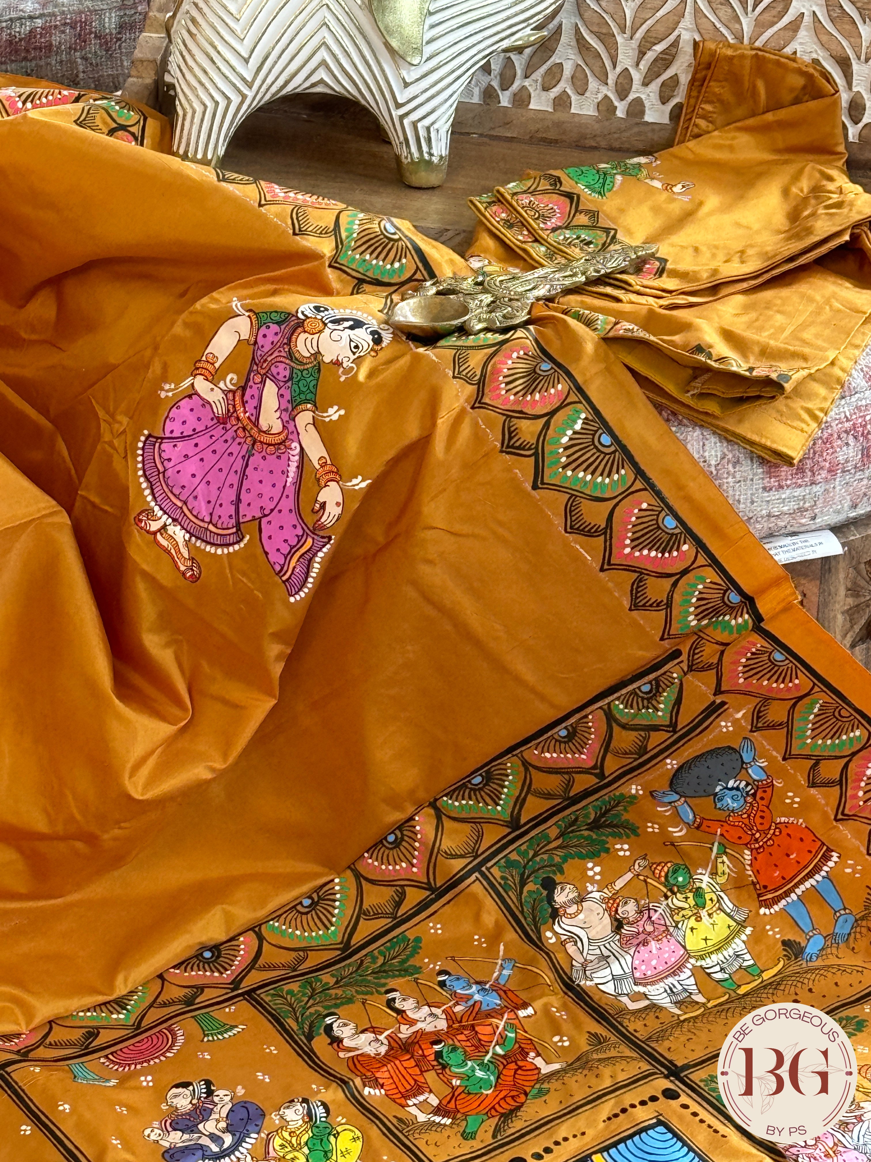 Pattachitra Ram Darbar hand painted saree on pure bangalore silk - mustard color