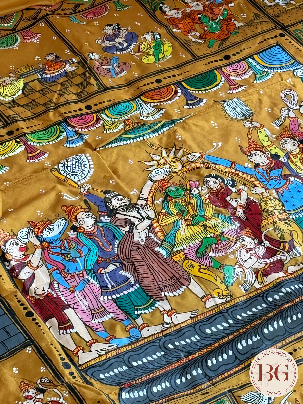 Pattachitra Ram Darbar hand painted saree on pure bangalore silk - mustard color