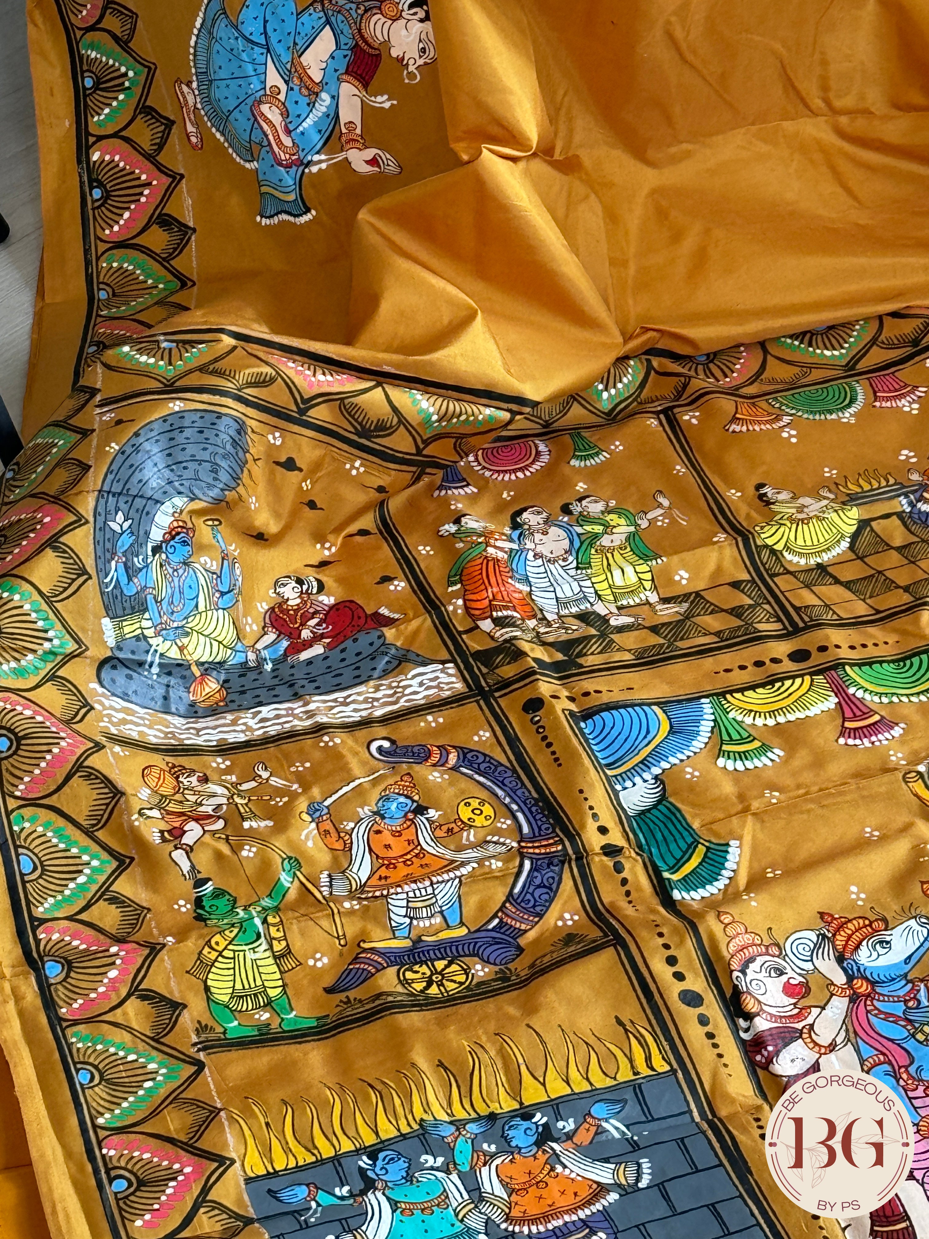 Pattachitra Ram Darbar hand painted saree on pure bangalore silk - mustard color