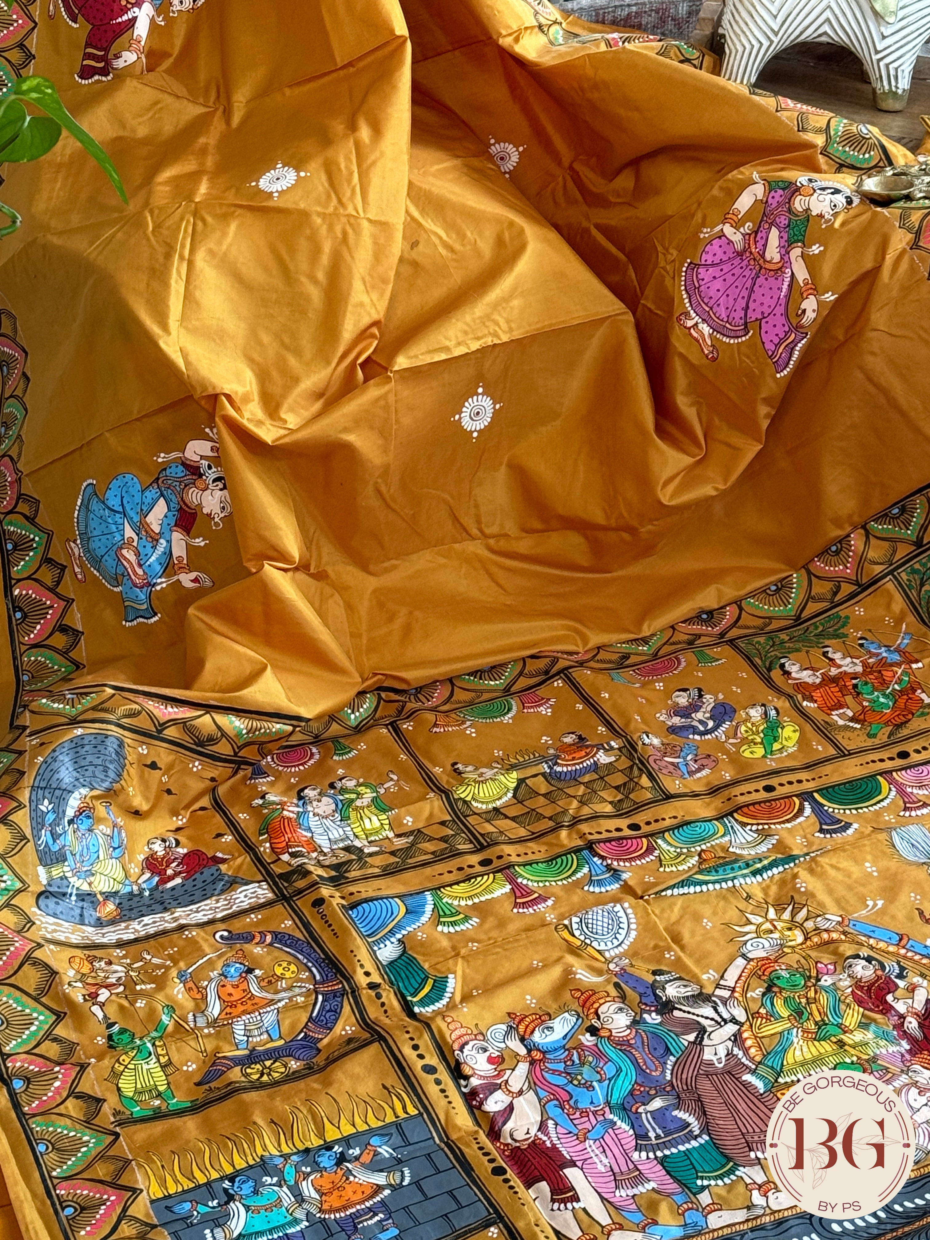 Pattachitra Ram Darbar hand painted saree on pure bangalore silk - mustard color