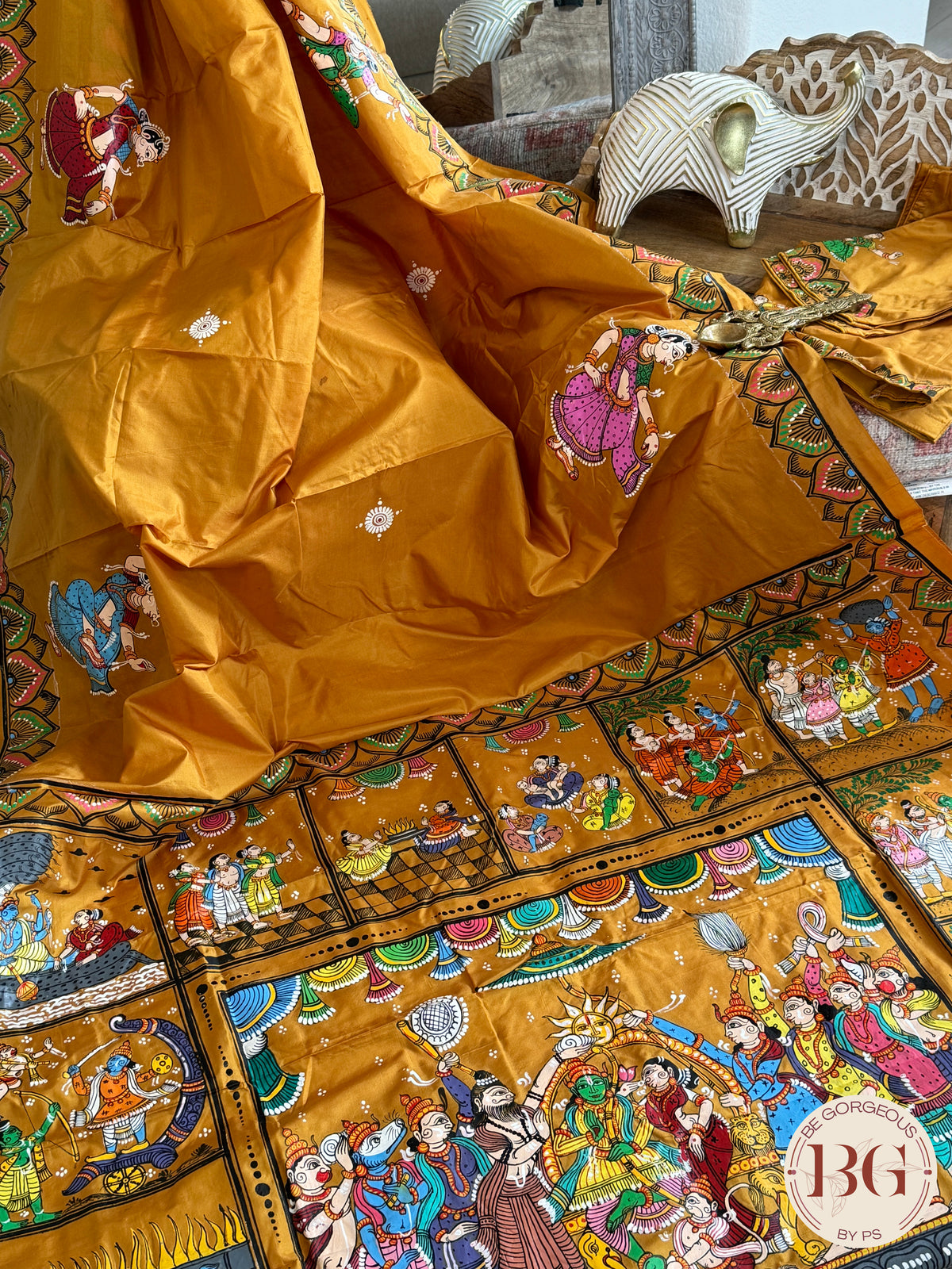 Pattachitra Ram Darbar hand painted saree on pure bangalore silk - mustard color