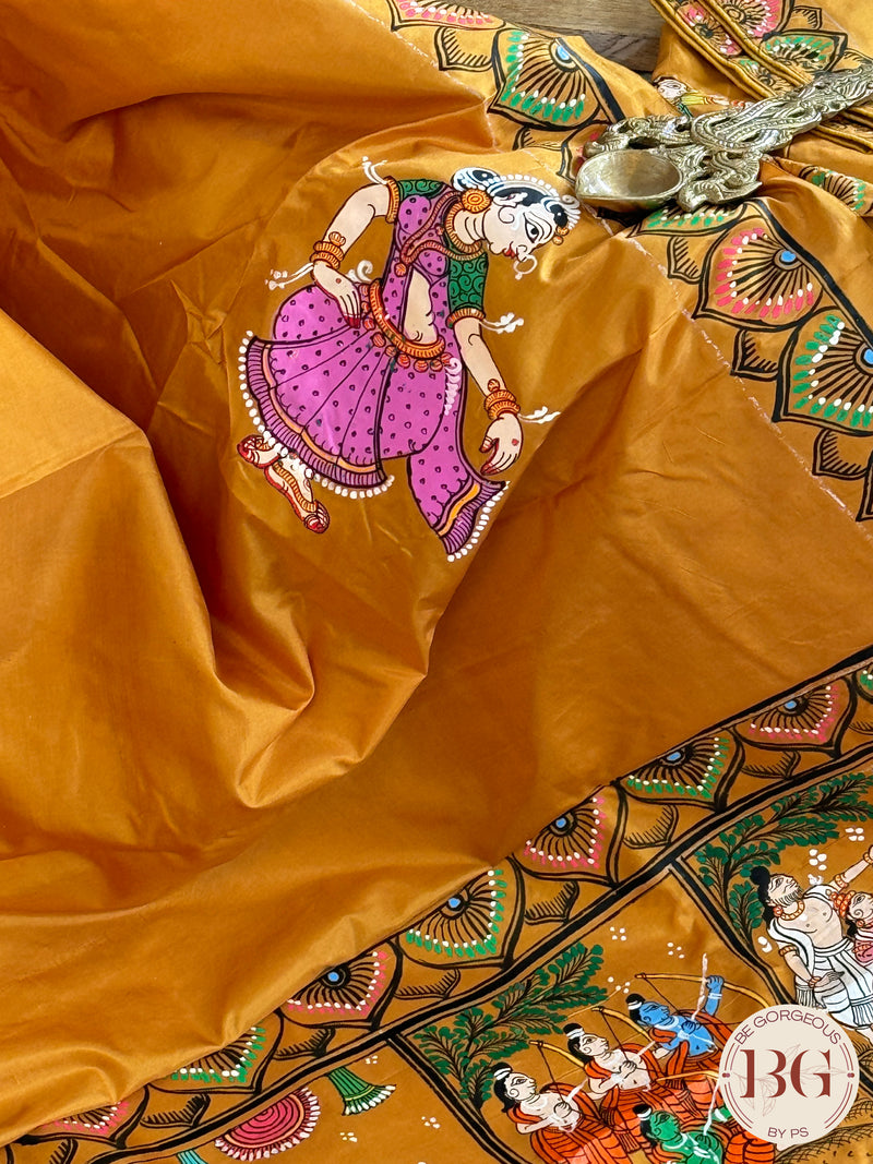 Pattachitra Ram Darbar hand painted saree on pure bangalore silk - mustard color