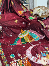 Pattachitra half moon krishna leela hand painted saree on pure bangalore silk - maroon color