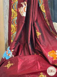 Pattachitra half moon krishna leela hand painted saree on pure bangalore silk - maroon color