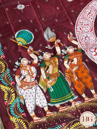 Pattachitra half moon krishna leela hand painted saree on pure bangalore silk - maroon color