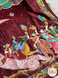 Pattachitra half moon krishna leela hand painted saree on pure bangalore silk - maroon color