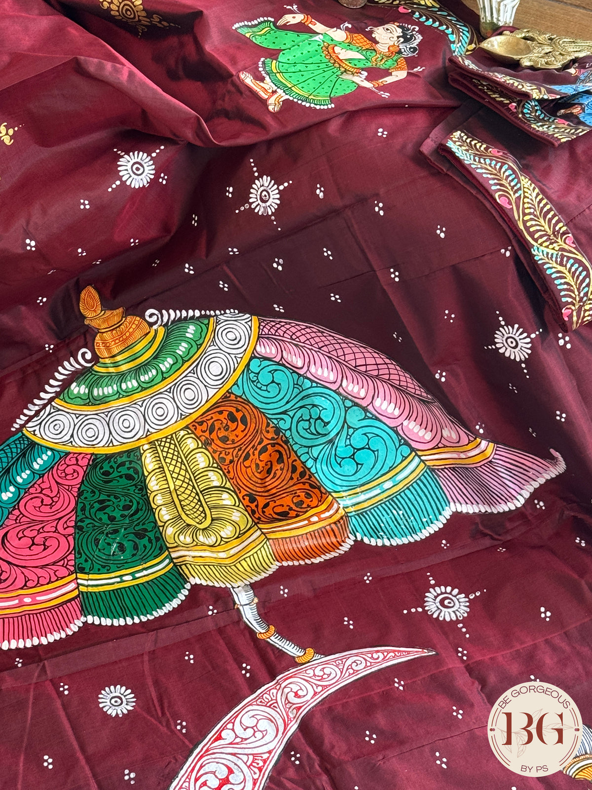 Pattachitra half moon krishna leela hand painted saree on pure bangalore silk - maroon color