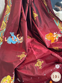 Pattachitra half moon krishna leela hand painted saree on pure bangalore silk - maroon color