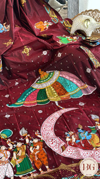 Pattachitra half moon krishna leela hand painted saree on pure bangalore silk - maroon color