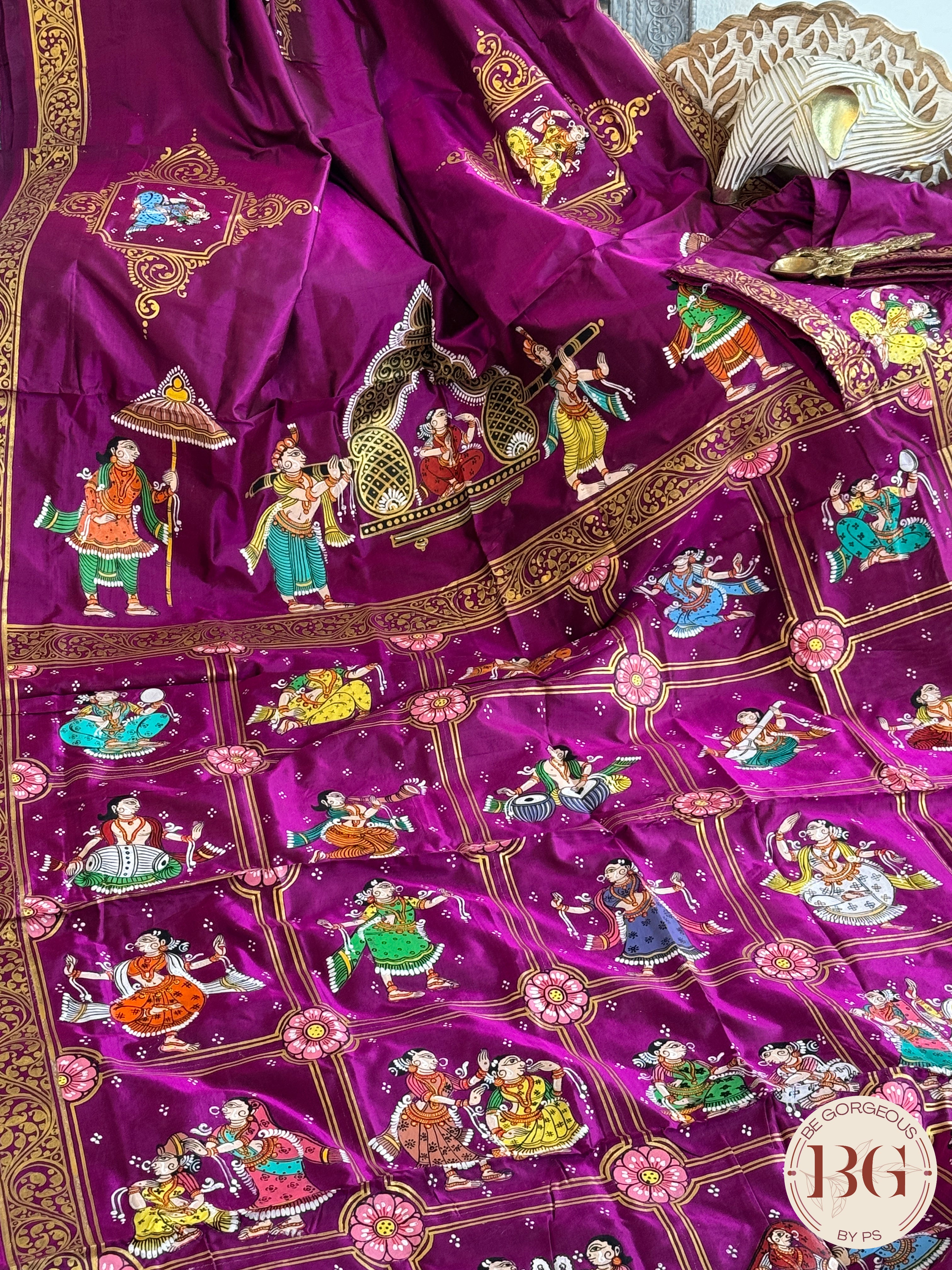 Pattachitra Wedding theme hand painted saree on pure bangalore silk - purple color