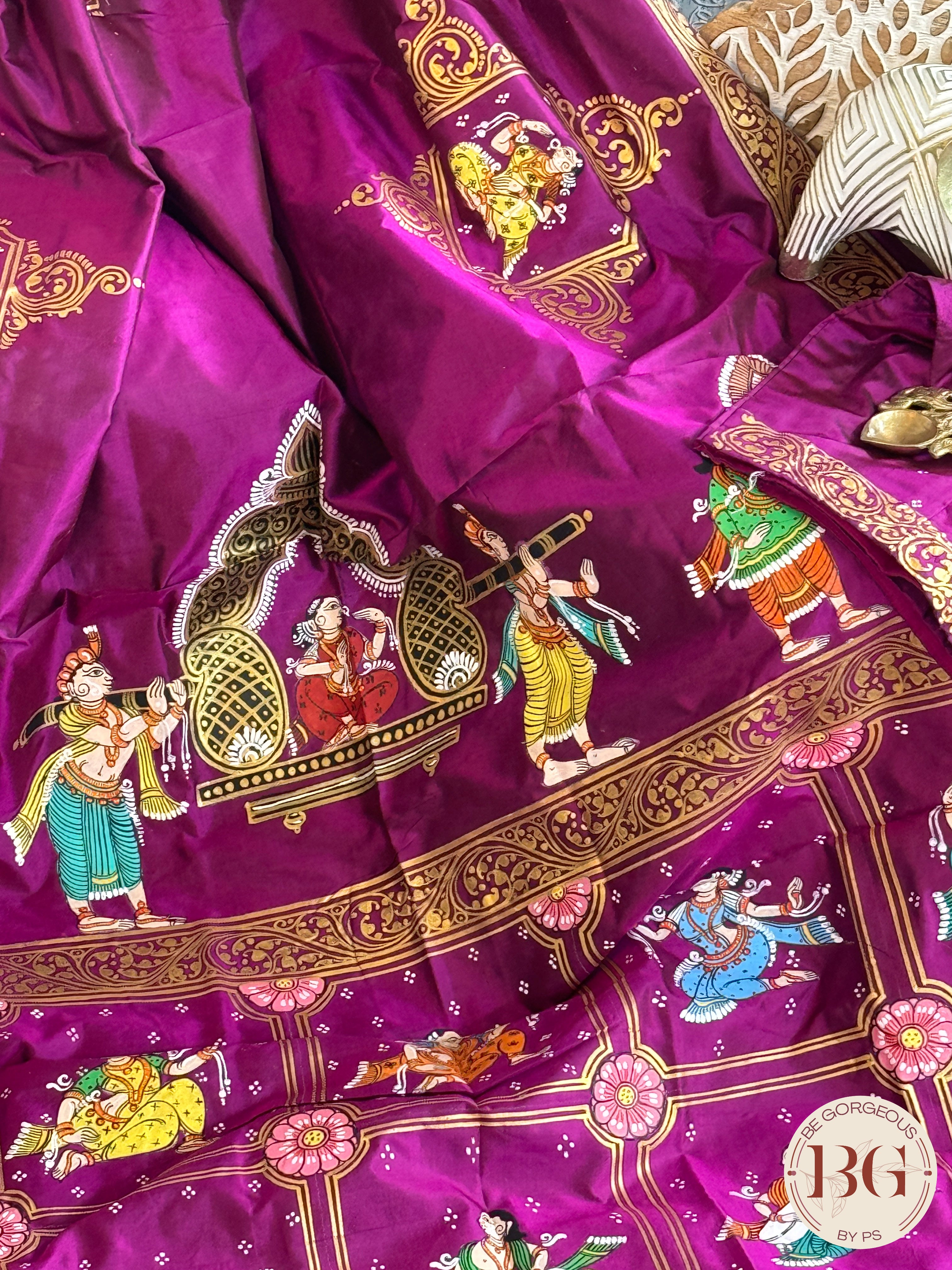 Pattachitra Wedding theme hand painted saree on pure bangalore silk - purple color