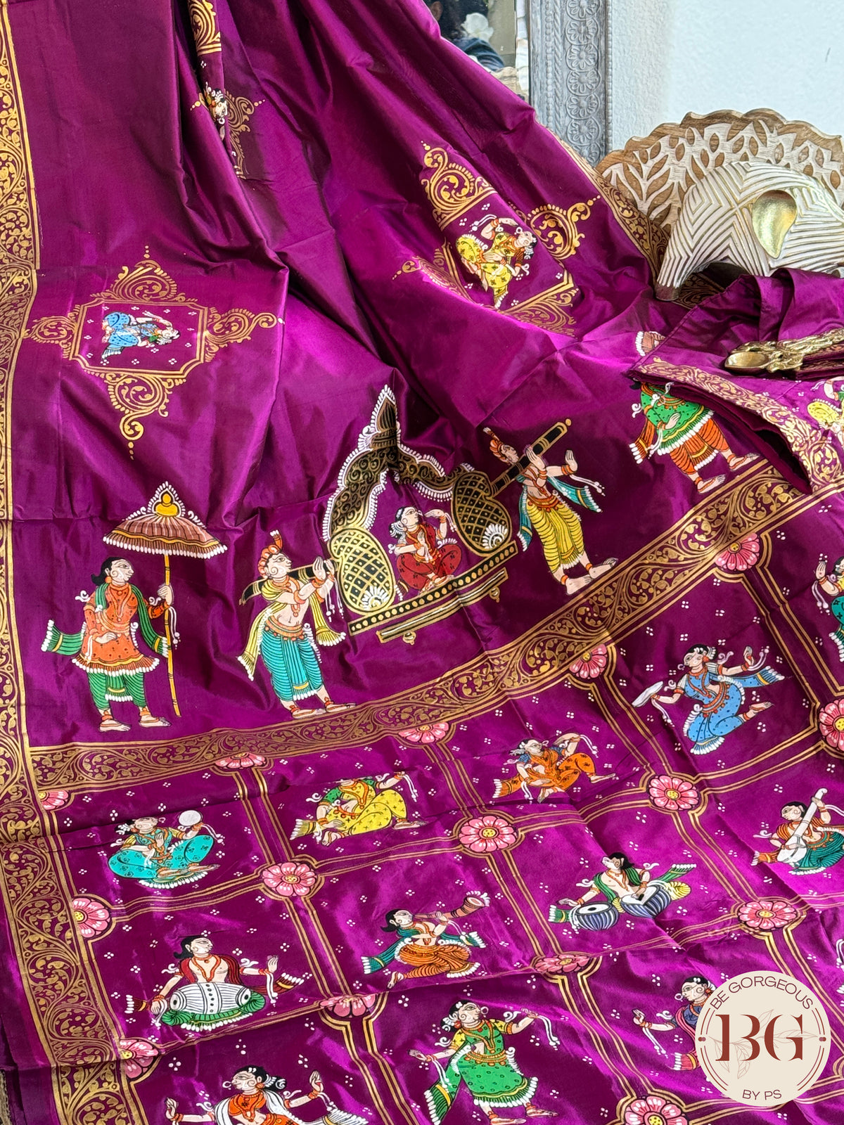 Pattachitra Wedding theme hand painted saree on pure bangalore silk - purple color