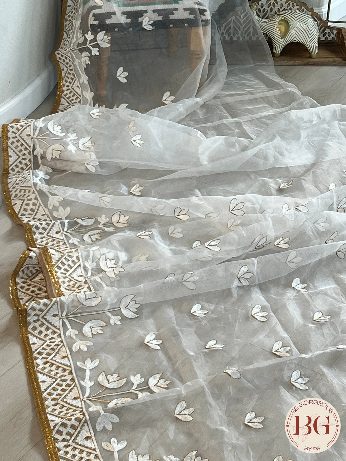 Organza with gold work saree color - white