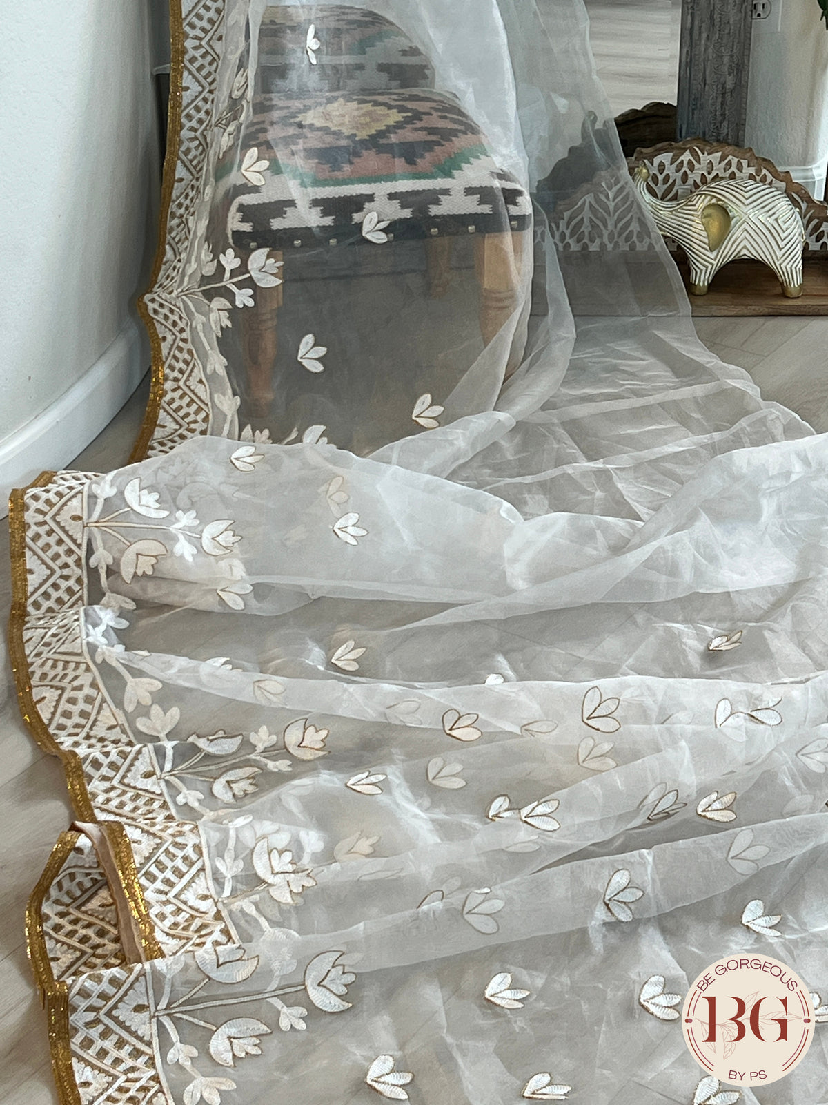 Organza with gold work saree color - white