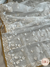 Organza with gold work saree color - white