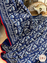 Mulmul Cotton saree with pompom - Veena saree color - blue