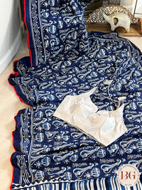 Mulmul Cotton saree with pompom - Veena saree color - blue