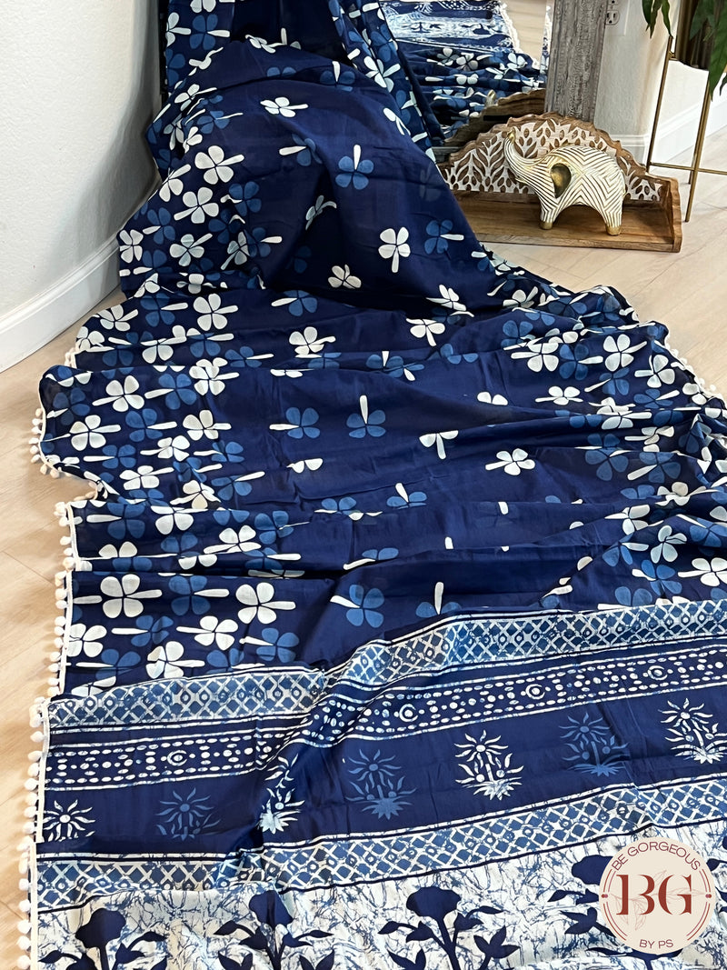 Mulmul Cotton saree with pompom - Flowers saree color - blue