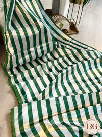 Silk Satin with stripes and lace saree color - green
