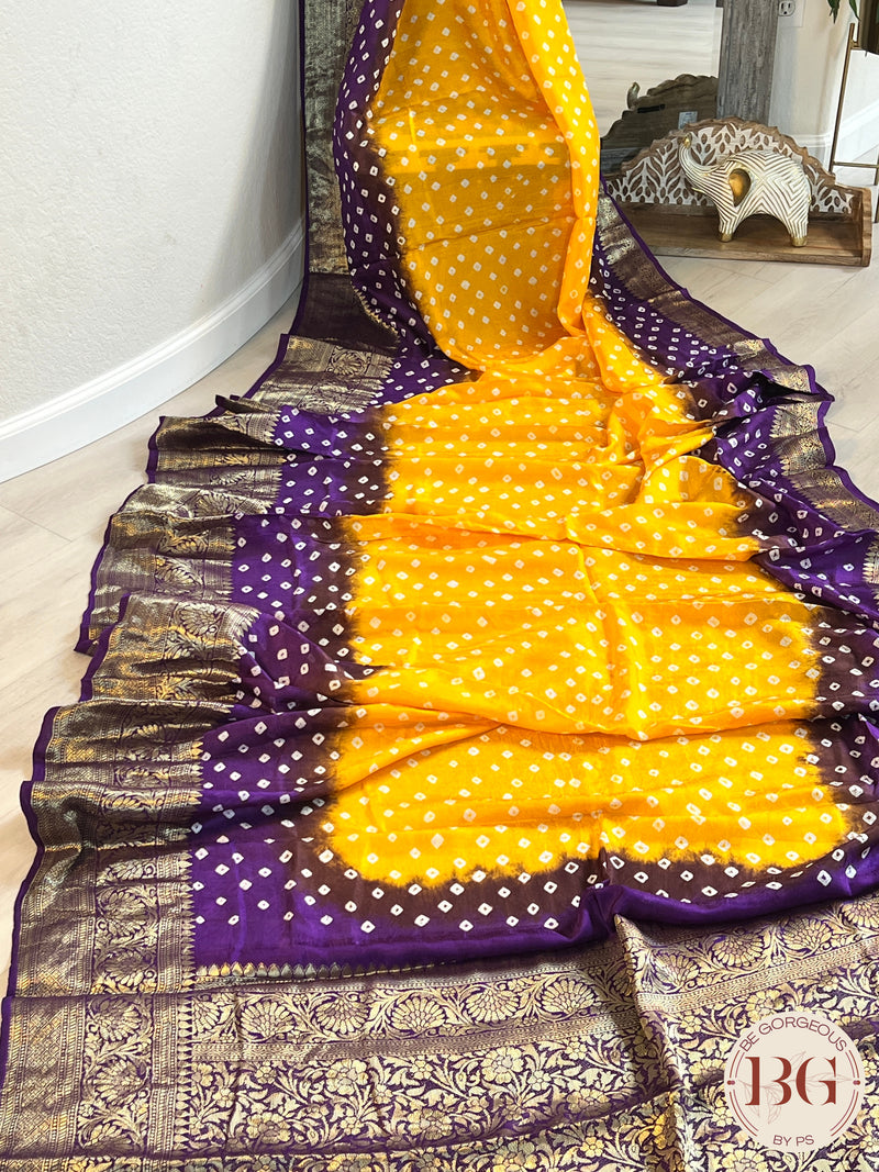 Soft Silk Bandhani Saree saree color - yellow purple