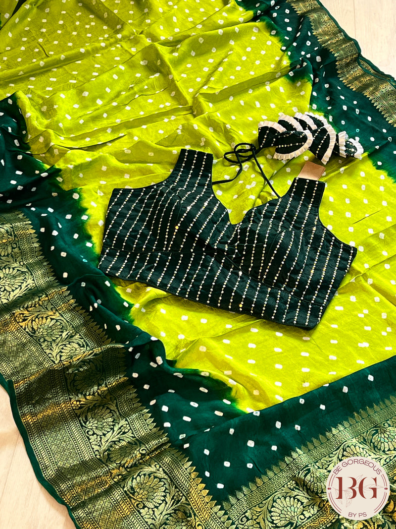 Vishal Prints Dark Green Bandhani Print Chiffon Saree With Foil Print