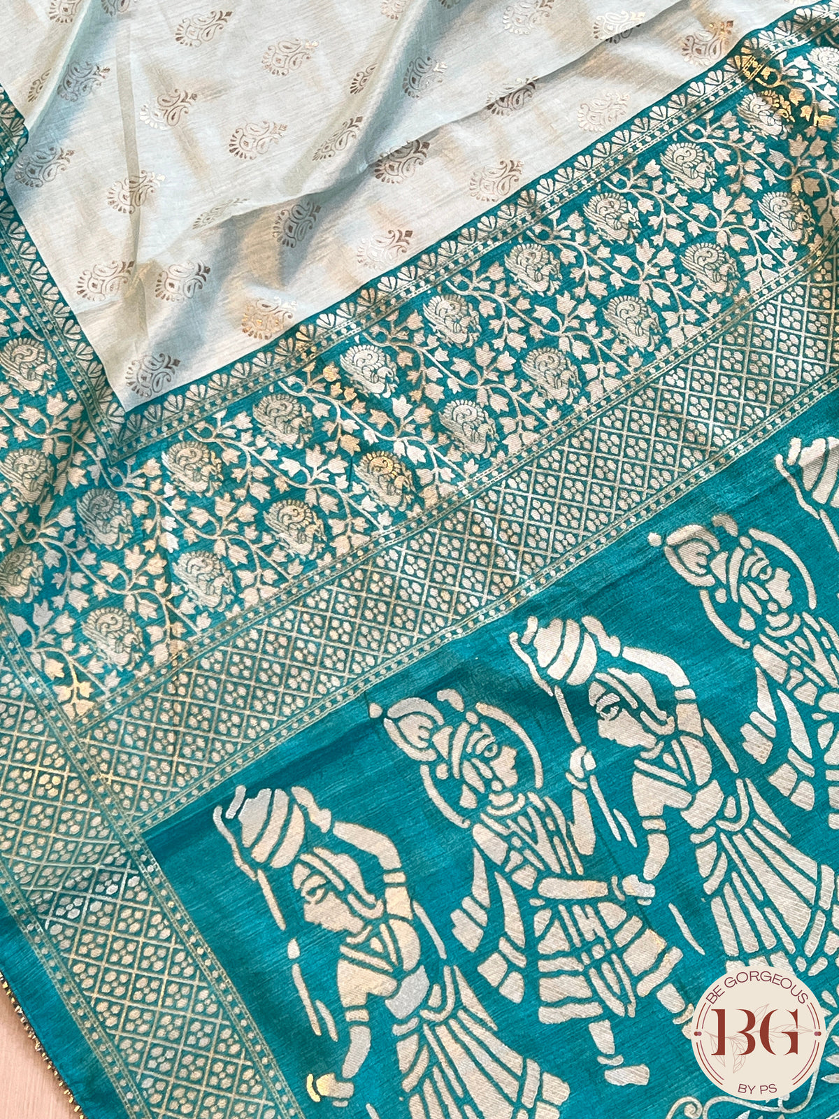 Soft Silk saree with foil print - dancing figures on pallu saree color - rama green