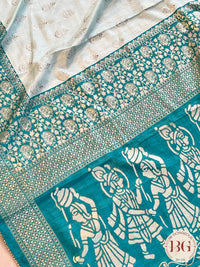 Soft Silk saree with foil print - dancing figures on pallu saree color - rama green