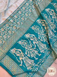 Soft Silk saree with foil print - dancing figures on pallu saree color - rama green